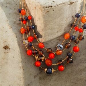 Vintage Elena Lanco Multi Strand Beaded Necklace Red Navy Gold Tone Statement